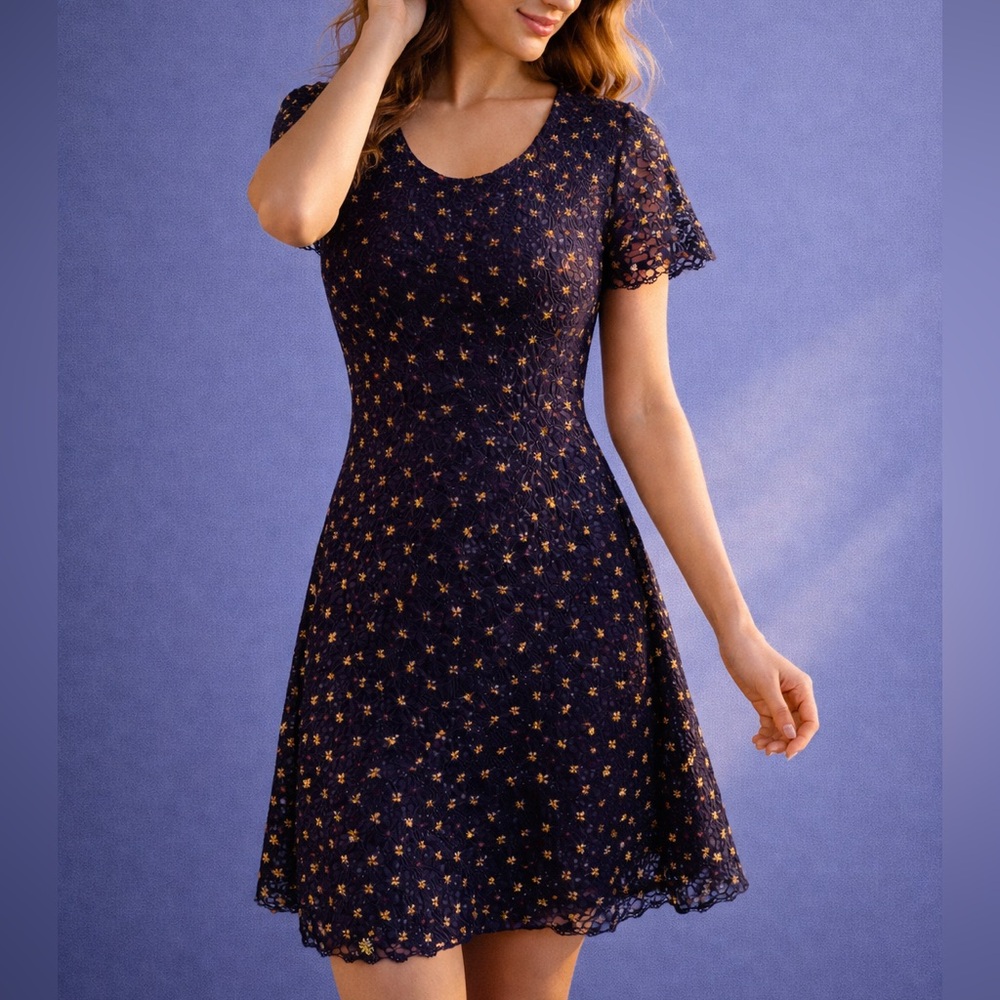 🆕🫐 Nathalie Chaize Navy Textured Mini Dress Gold Dots France Zip Size 36 / S